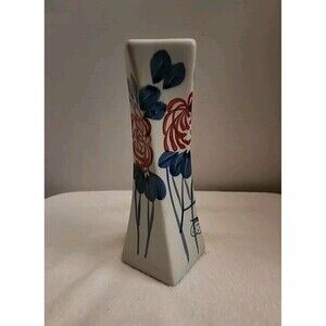 Vase Asian Twisted Square Tall Blue Red White Glazed Porcelain Crysanthemum 12"
